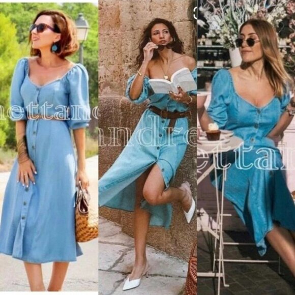 Zara Premium Denim Chambray Off Shoulder Midi Button Down Dress Blue Medium - Picture 1 of 13